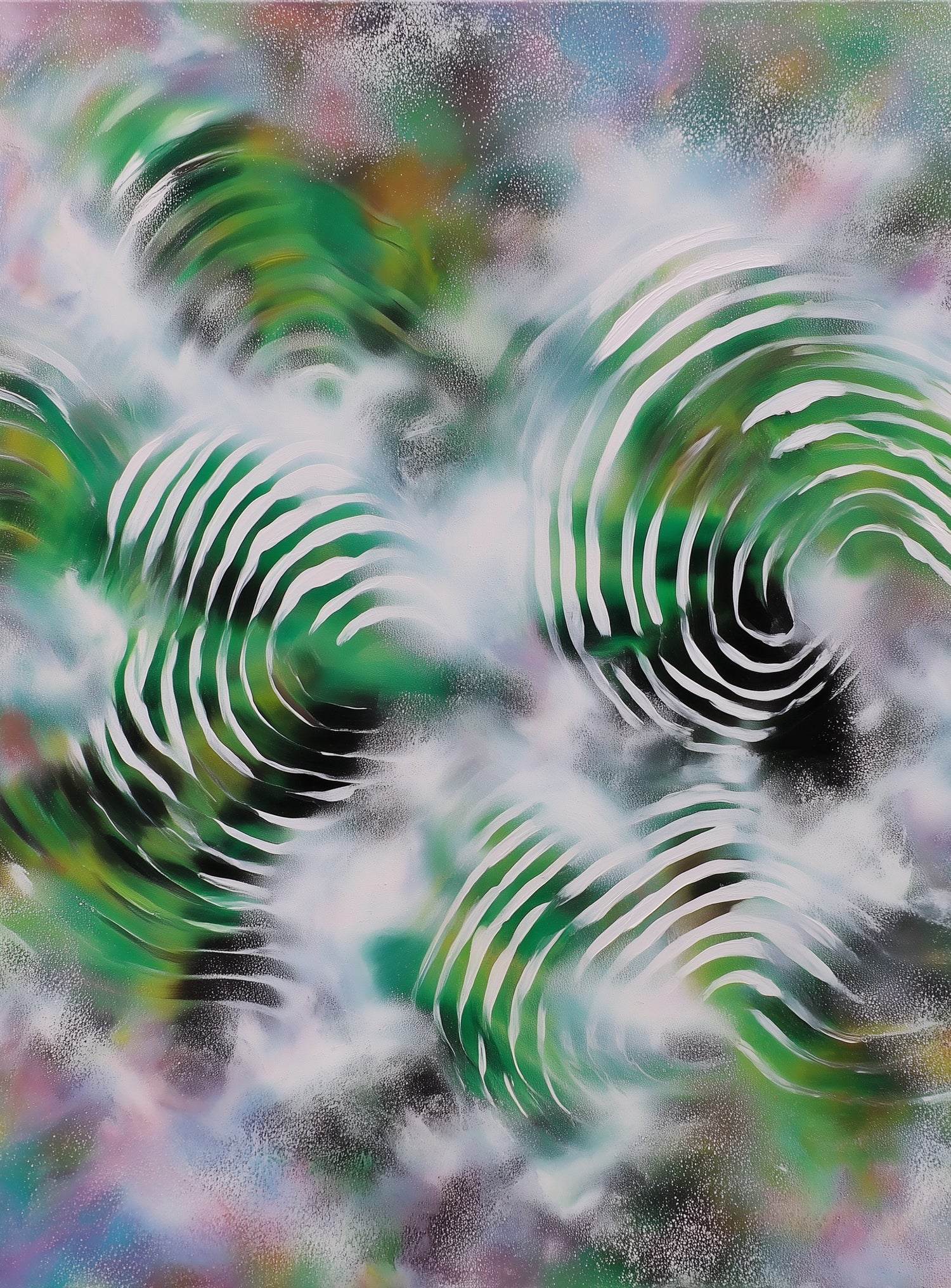White haze over green spirals
