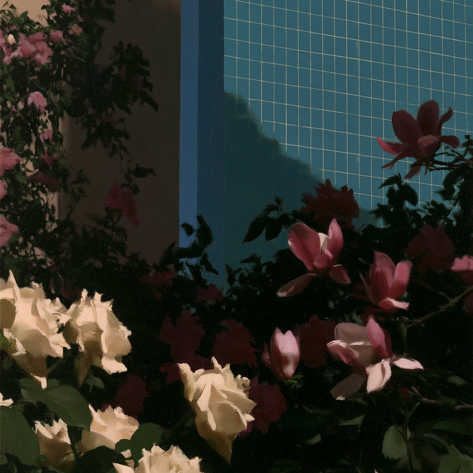 Flowers beneath the tiled wall