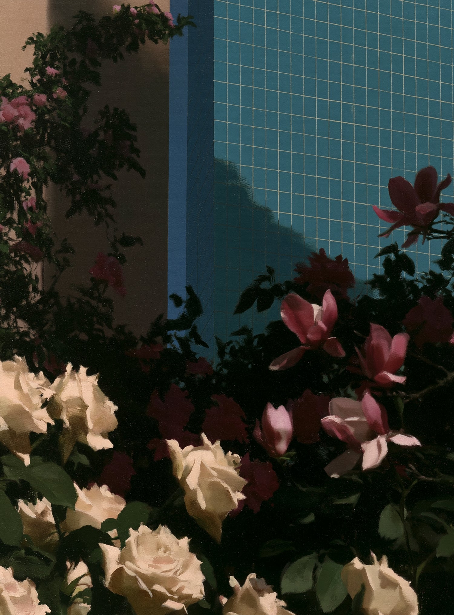 Flowers beneath the tiled wall