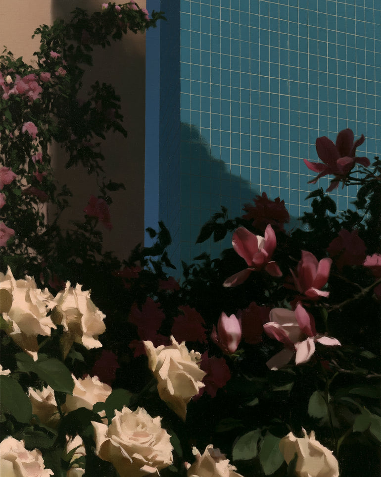 Flowers beneath the tiled wall