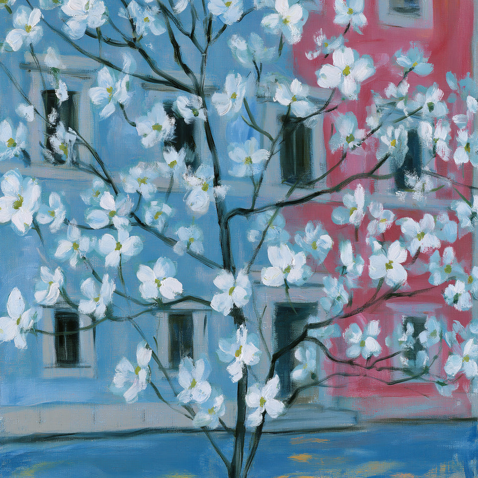 White blossoms across blue and pink