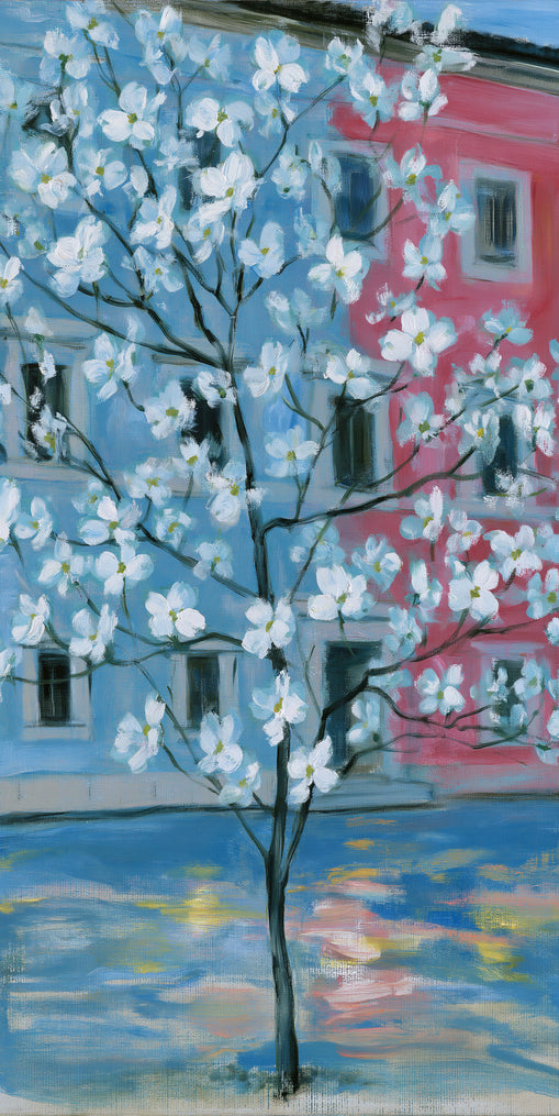 White blossoms across blue and pink