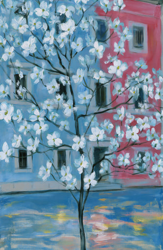 White blossoms across blue and pink