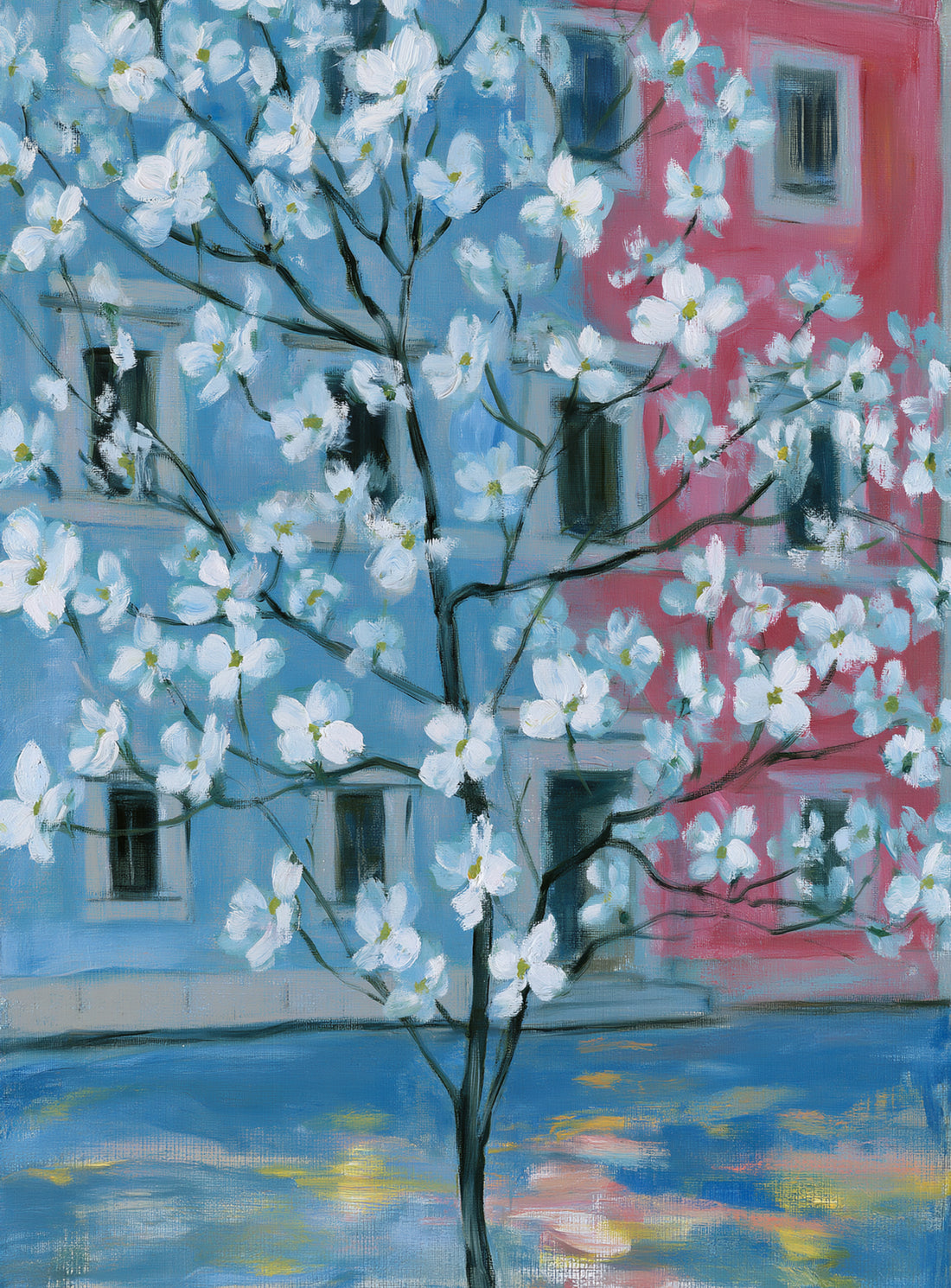 White blossoms across blue and pink