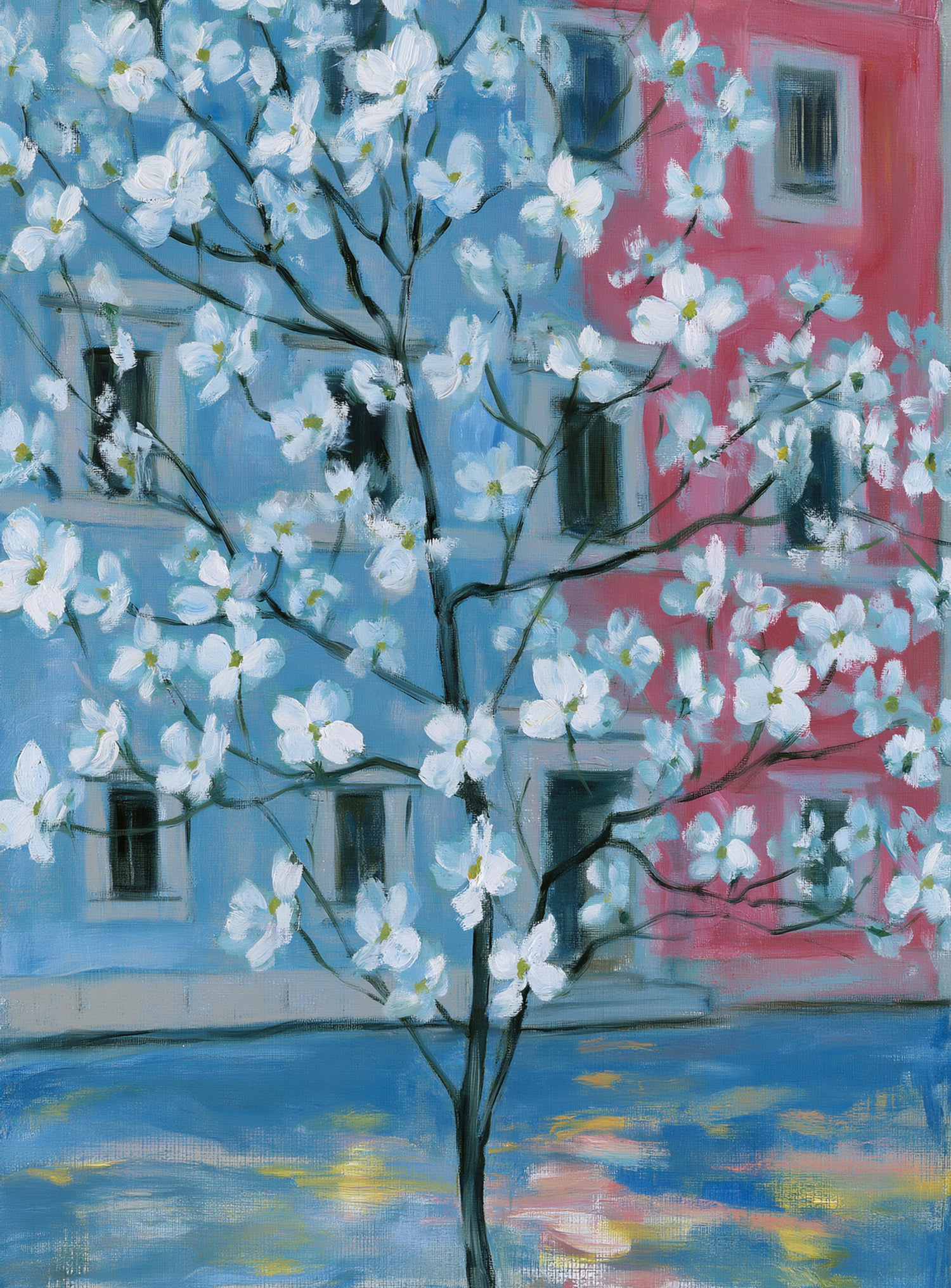 White blossoms across blue and pink