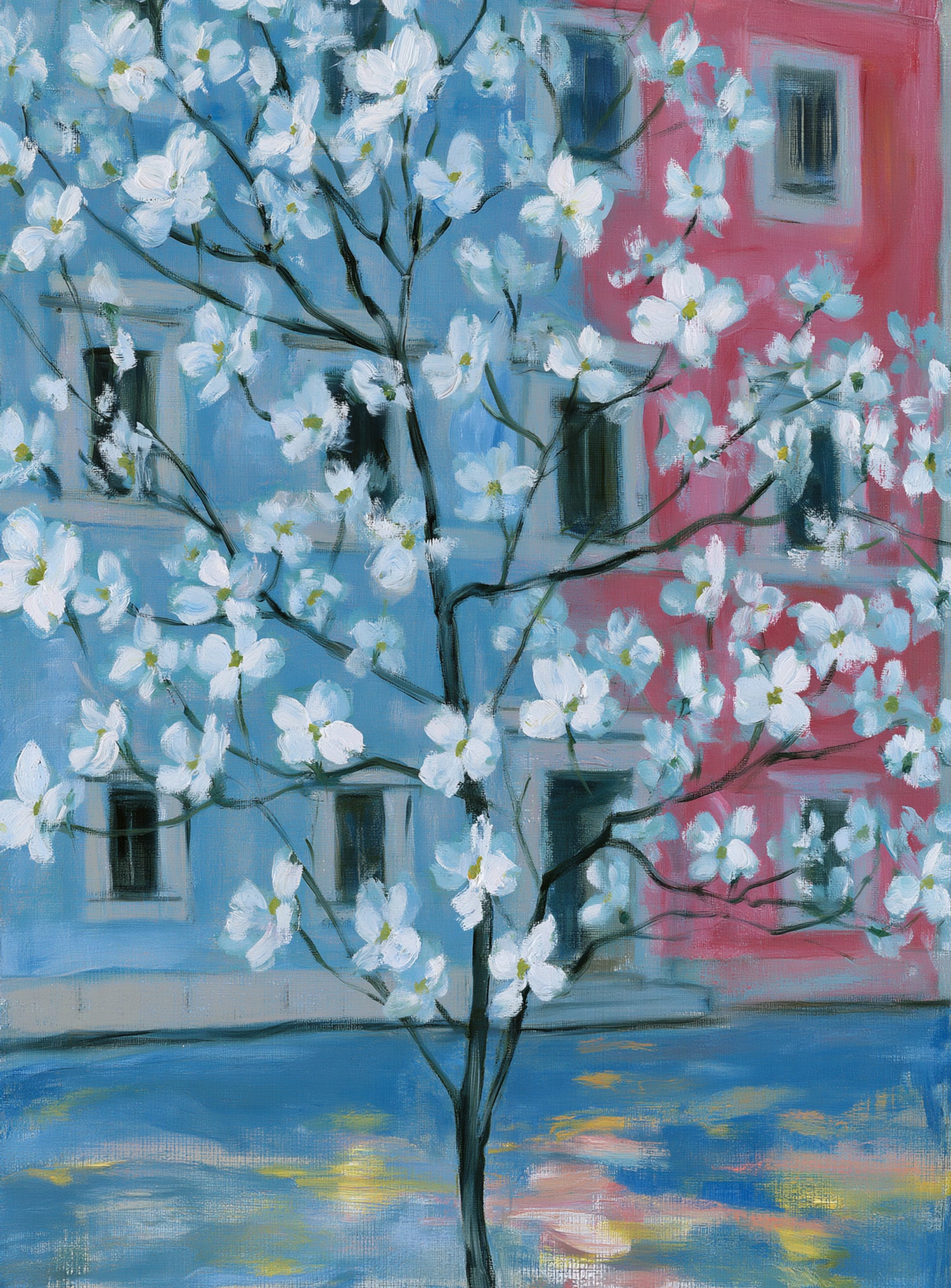 White blossoms across blue and pink