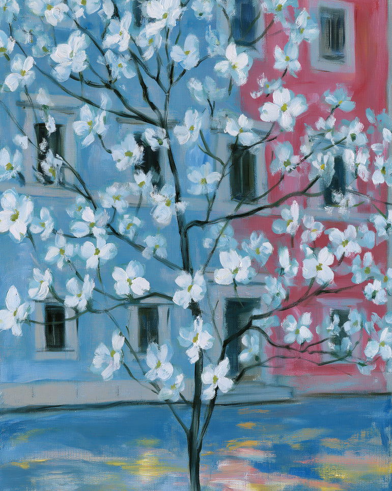 White blossoms across blue and pink