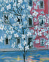 White blossoms across blue and pink