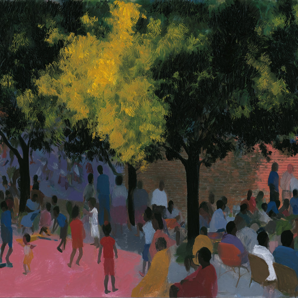 Children playing under trees