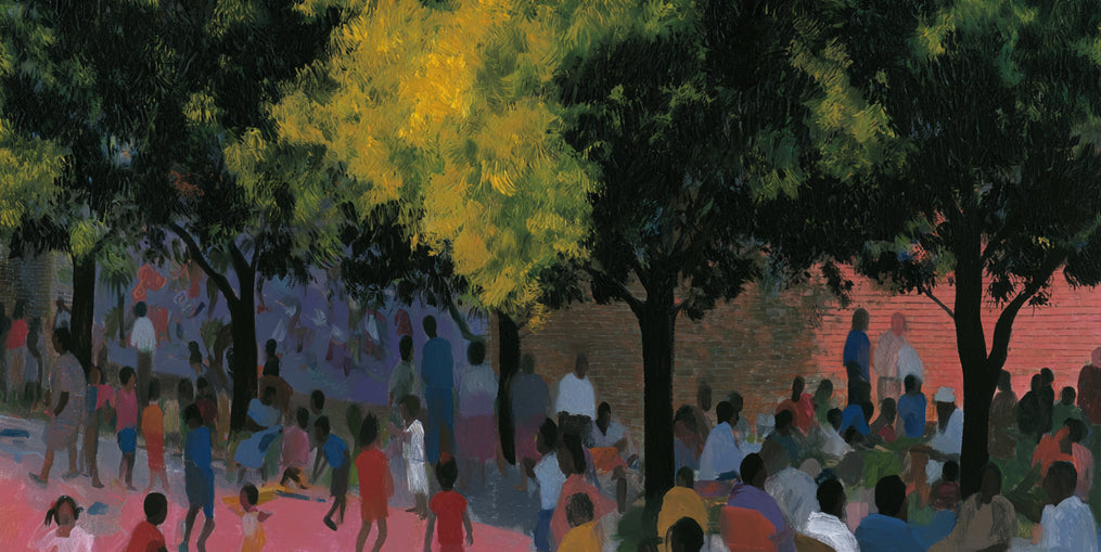 Children playing under trees