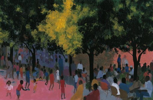 Children playing under trees