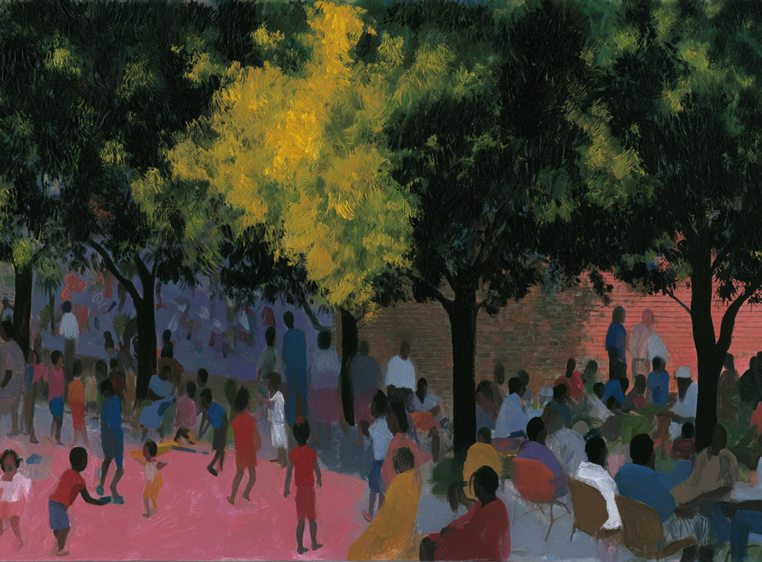 Children playing under trees