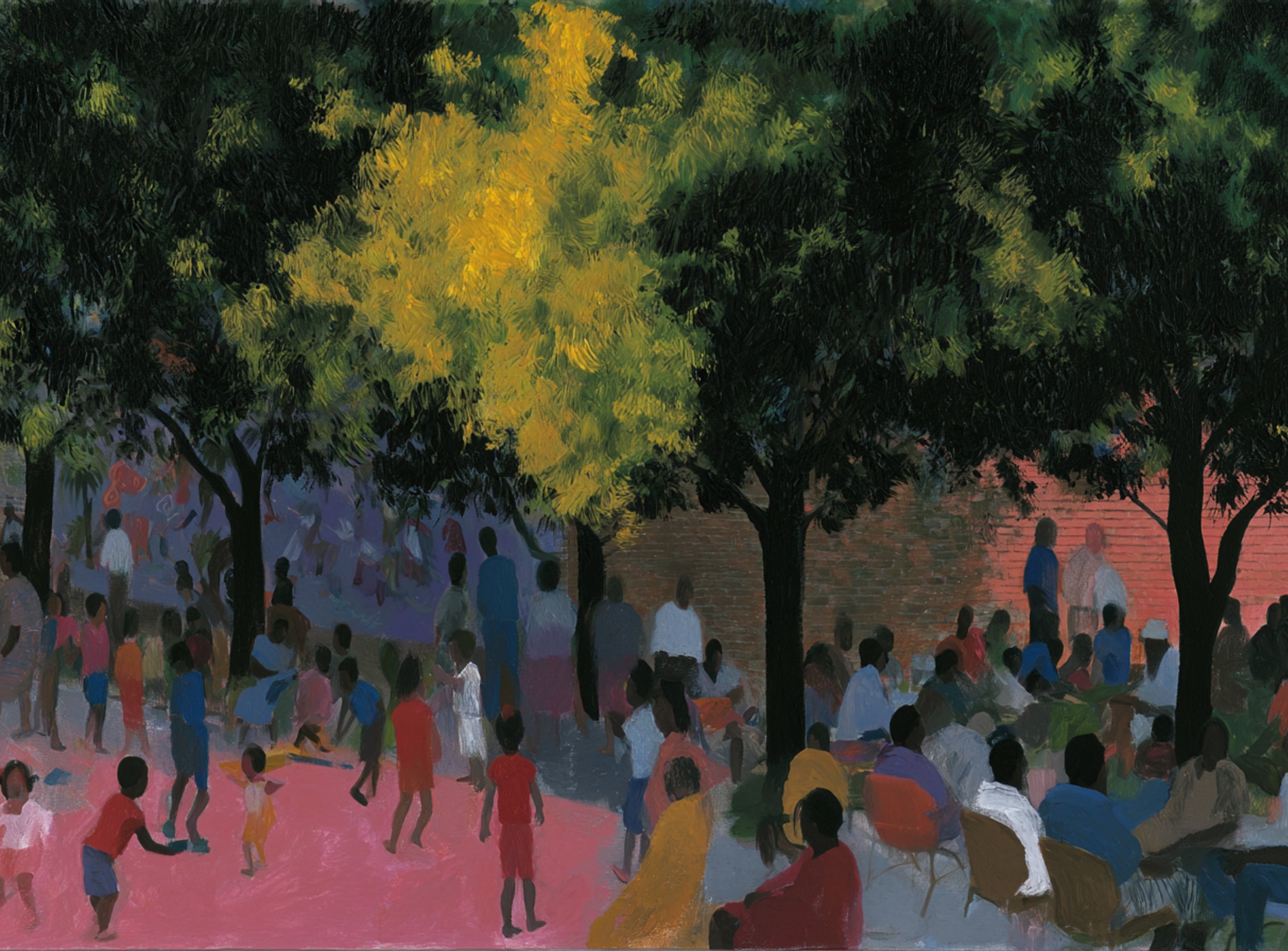 Children playing under trees