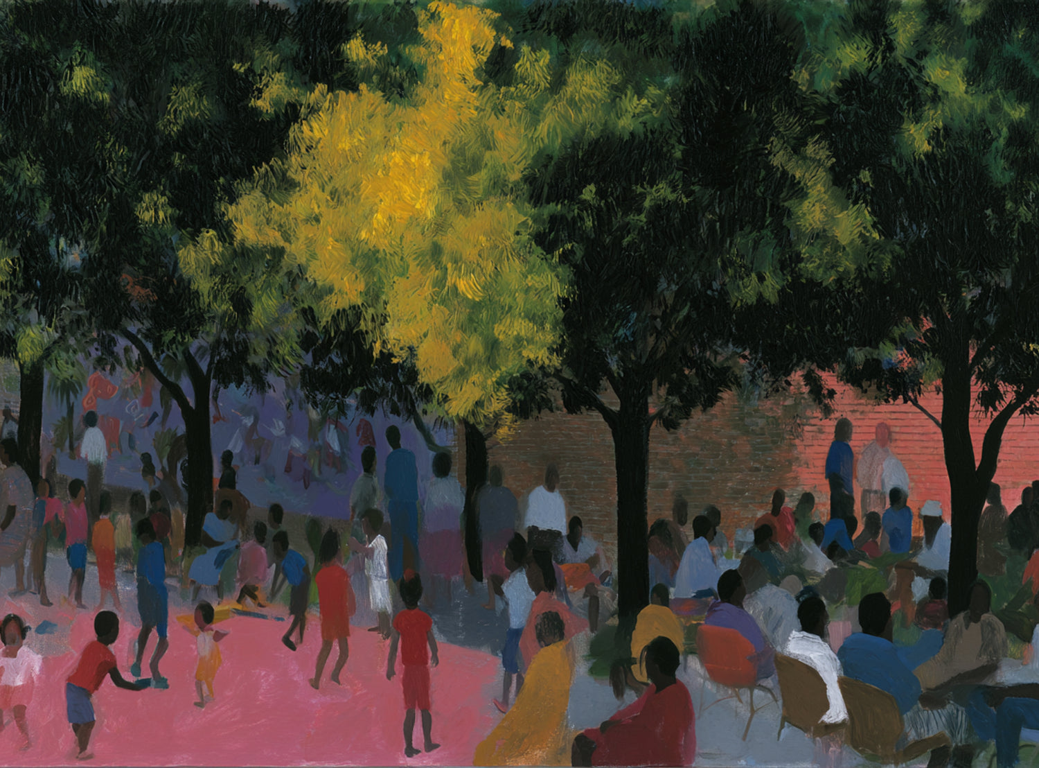 Children playing under trees