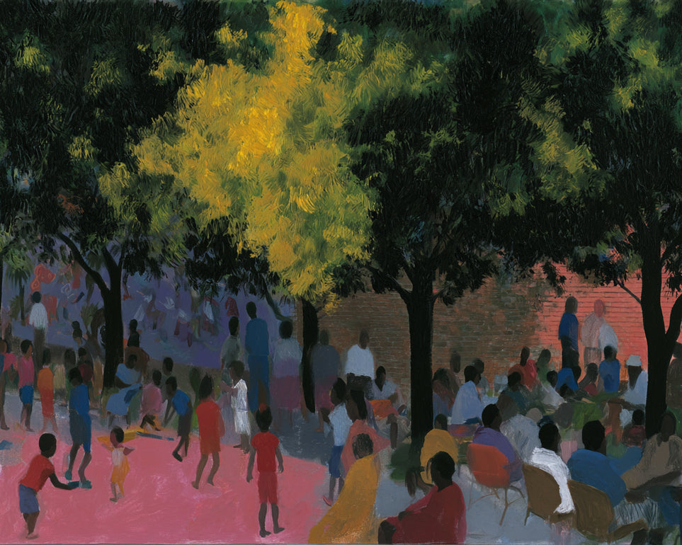 Children playing under trees