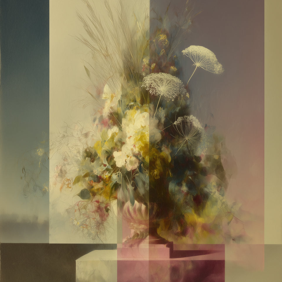 Vase of flowers within panes