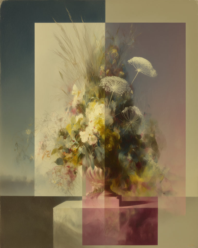 Vase of flowers within panes