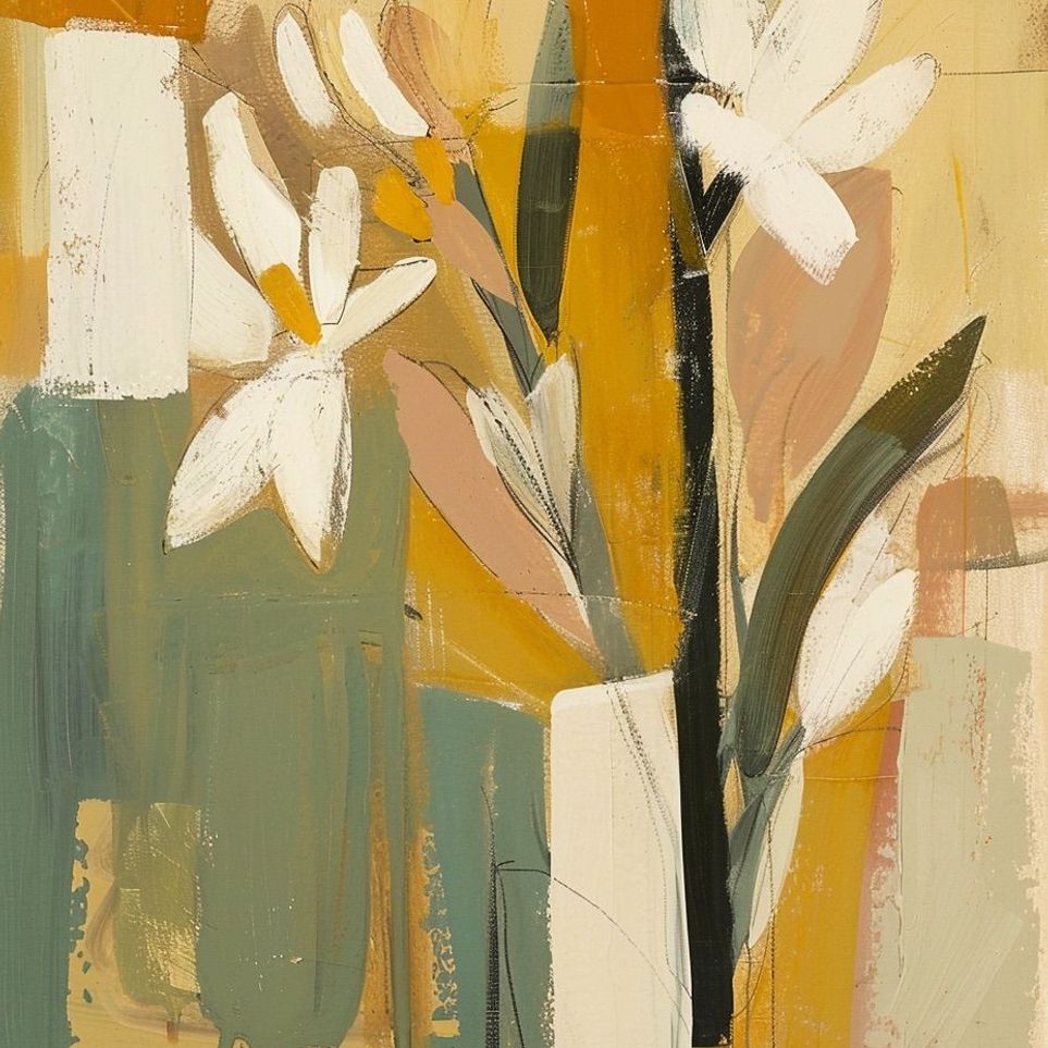 White flowers in ochre blocks