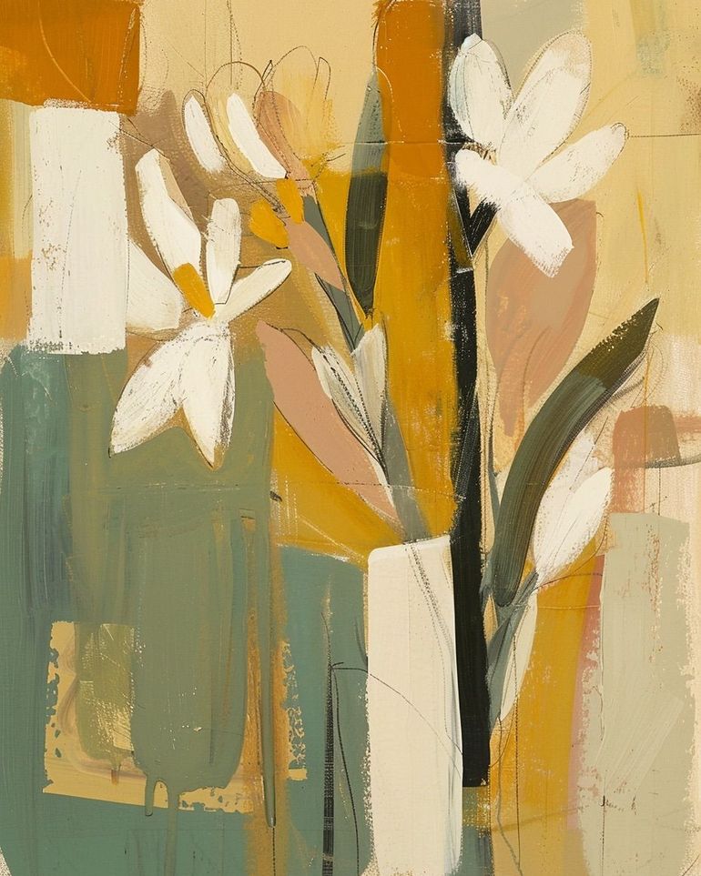 White flowers in ochre blocks