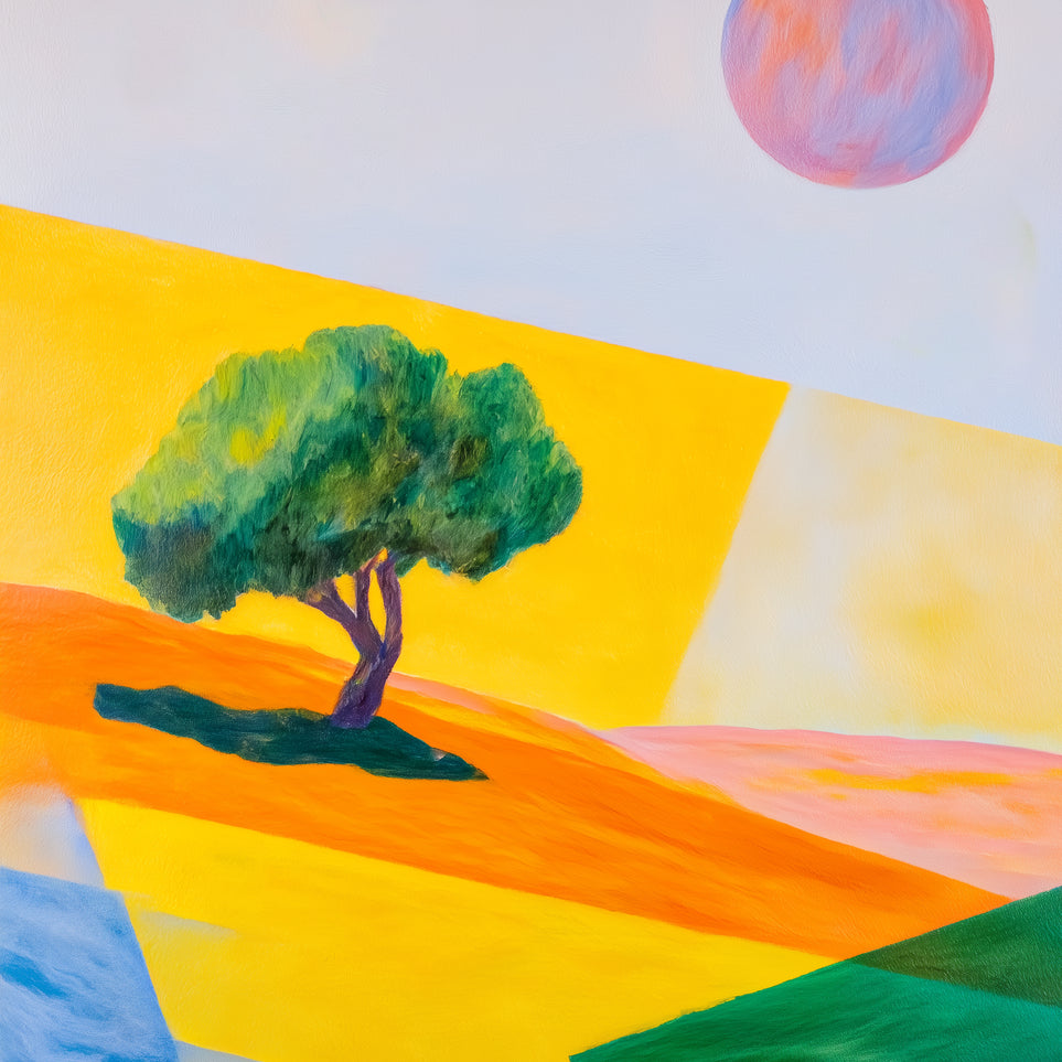 Pink sun over yellow hills