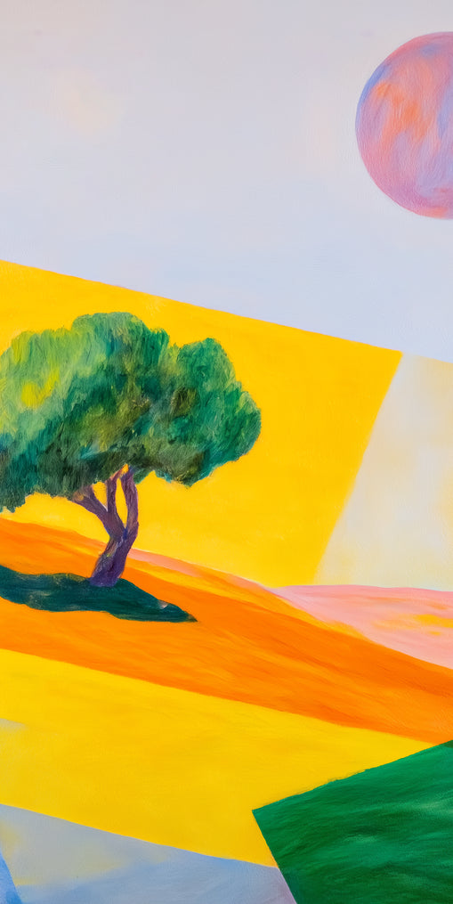 Pink sun over yellow hills