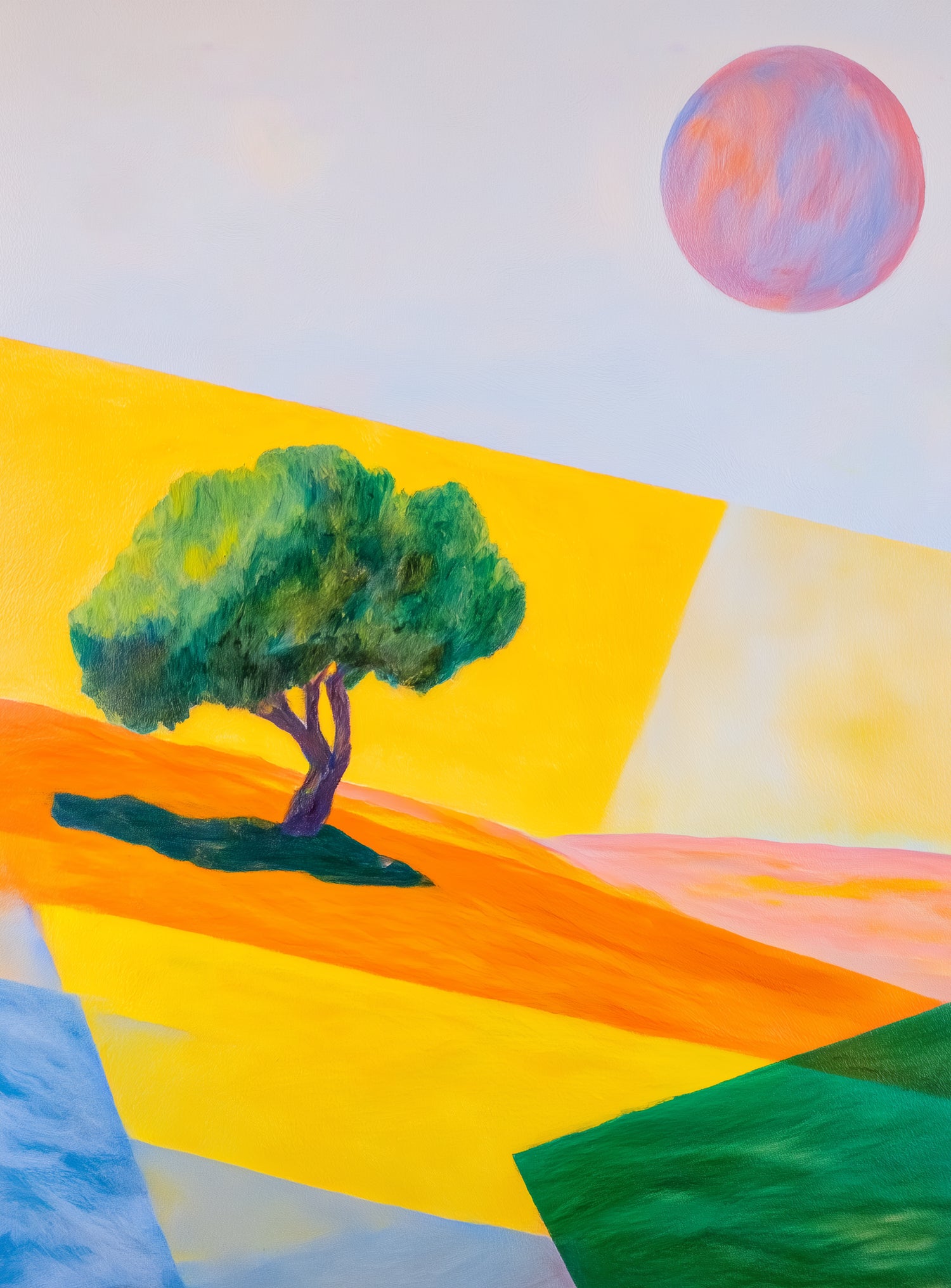 Pink sun over yellow hills