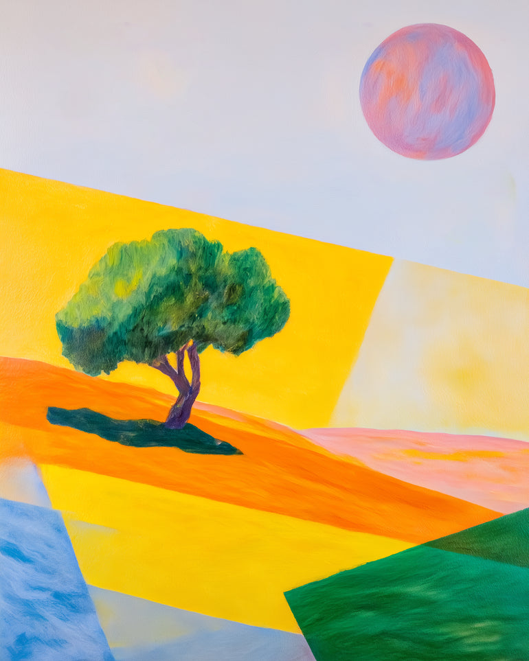 Pink sun over yellow hills