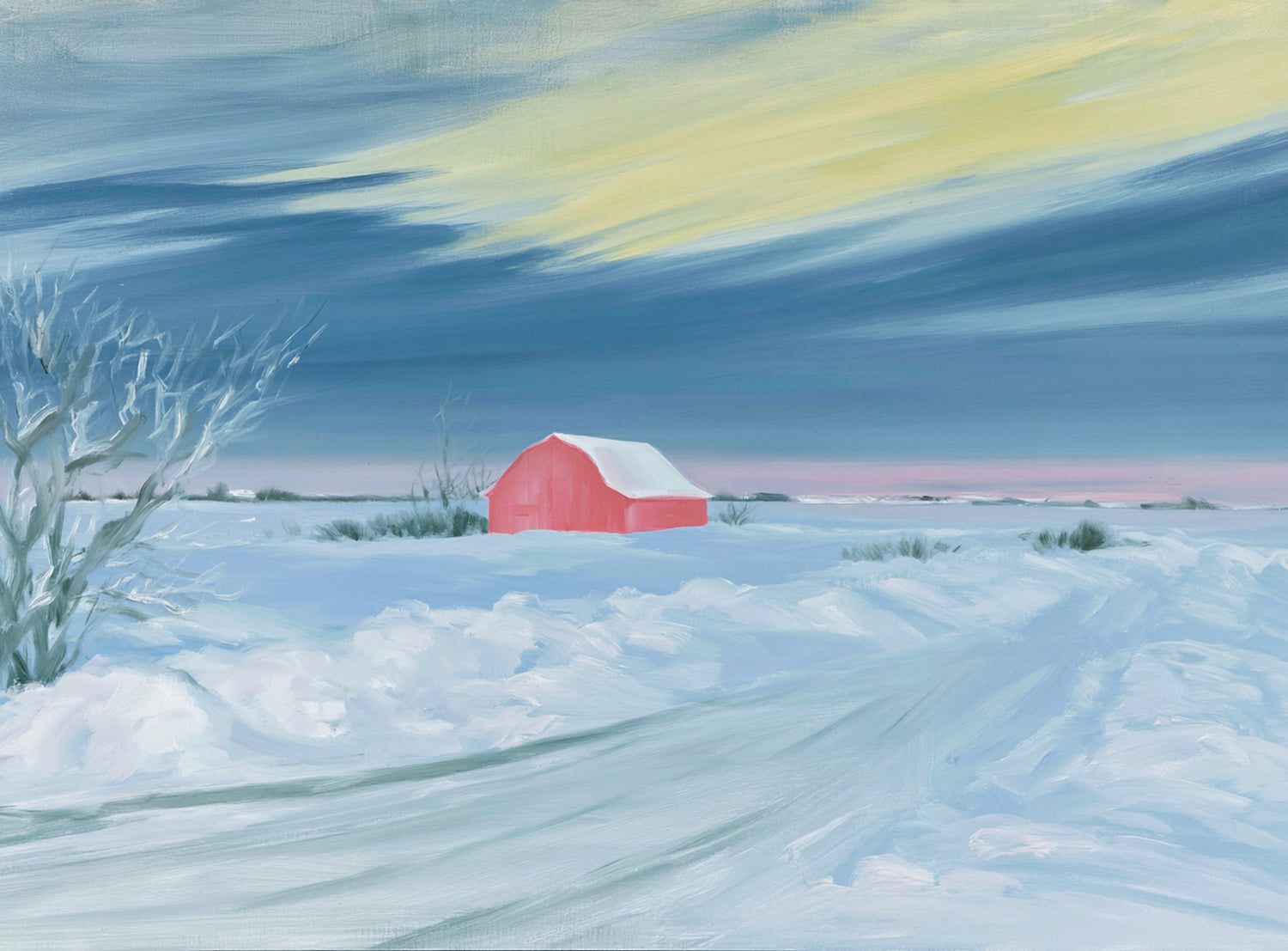 Red barn beneath winter sky