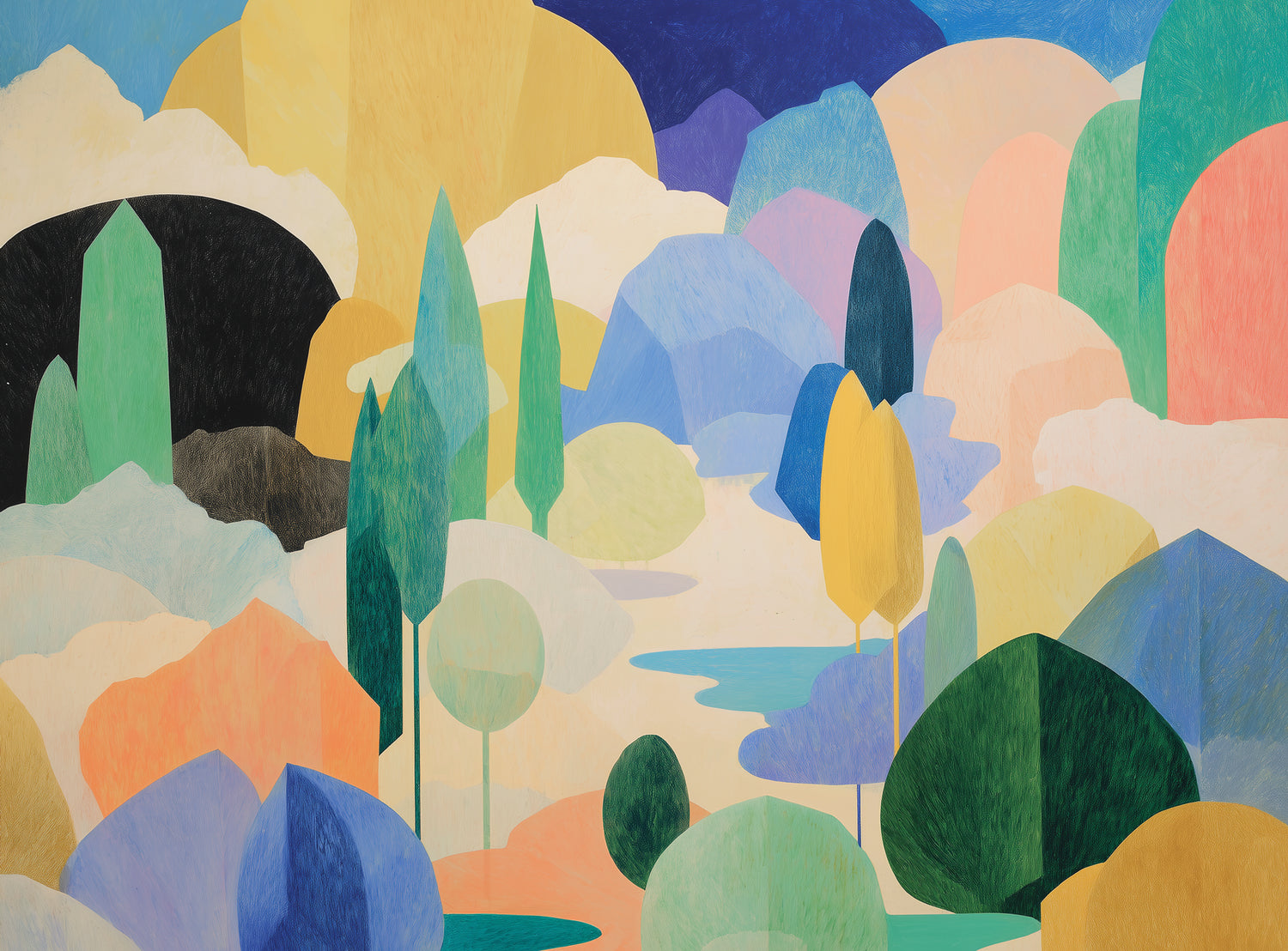 Ponds among pastel hills