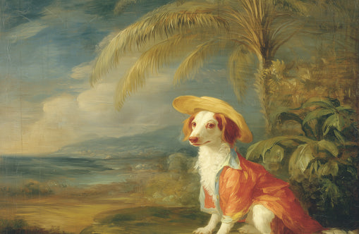 A hatted dog by the sea