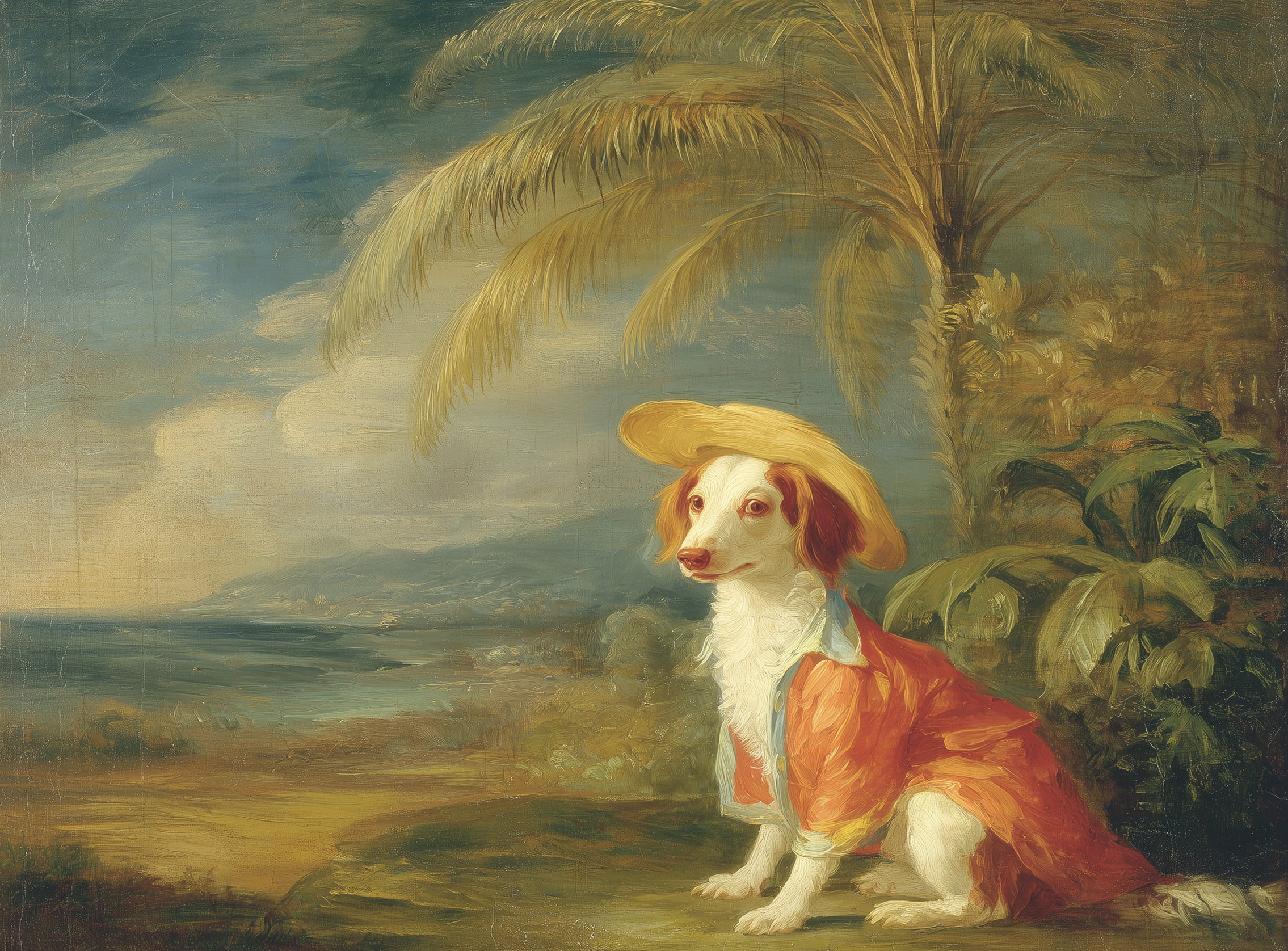 A hatted dog by the sea
