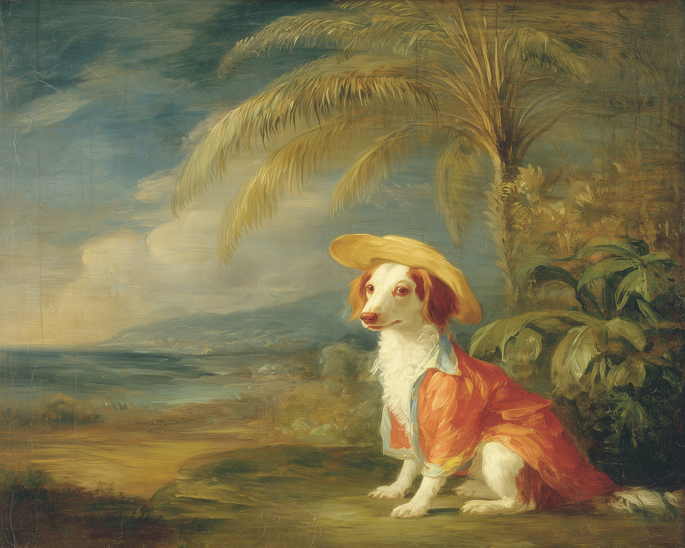 A hatted dog by the sea
