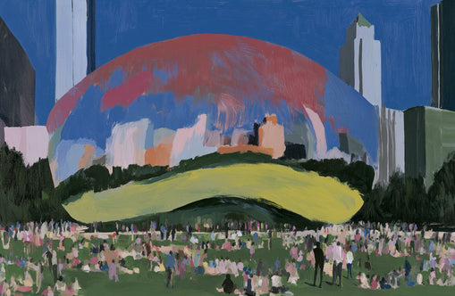 Crowd beneath the curved pavilion