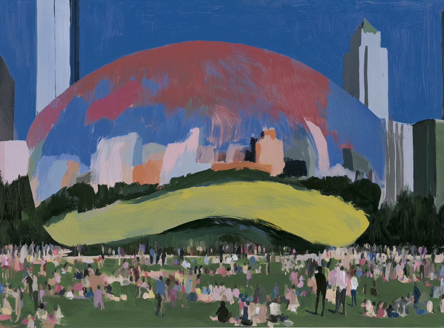 Crowd beneath the curved pavilion