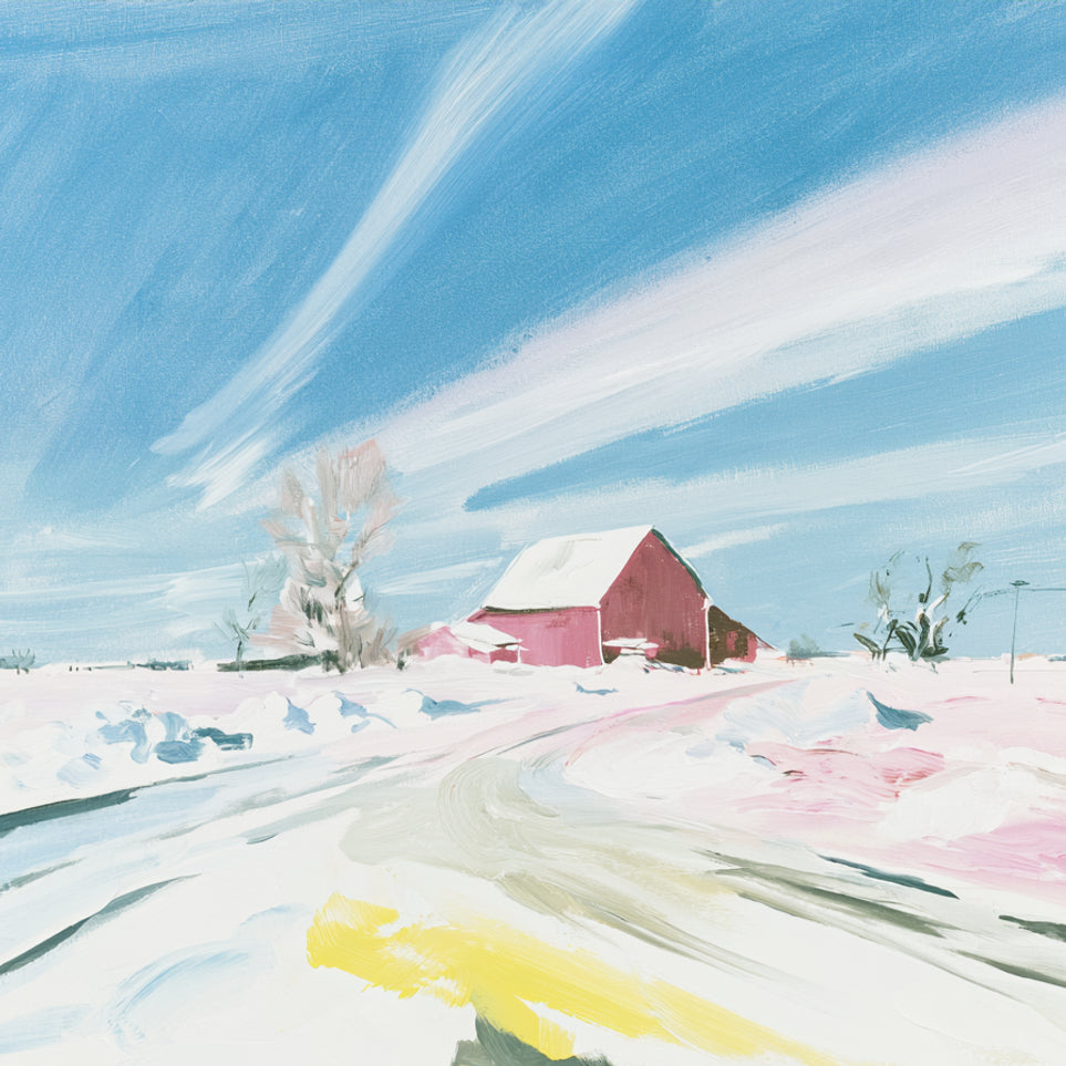 White sky over red barn
