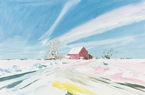 White sky over red barn