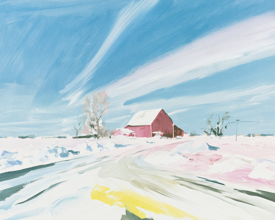 White sky over red barn