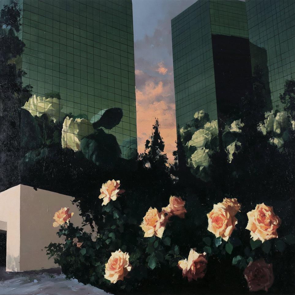 Roses under green towers