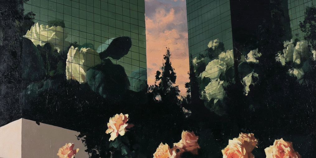 Roses under green towers
