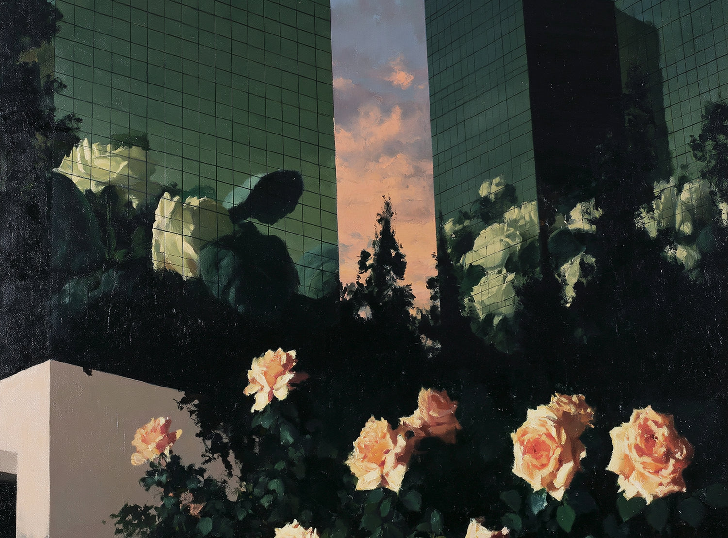 Roses under green towers