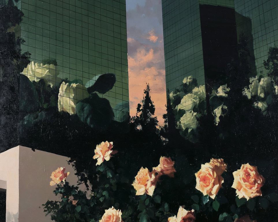 Roses under green towers