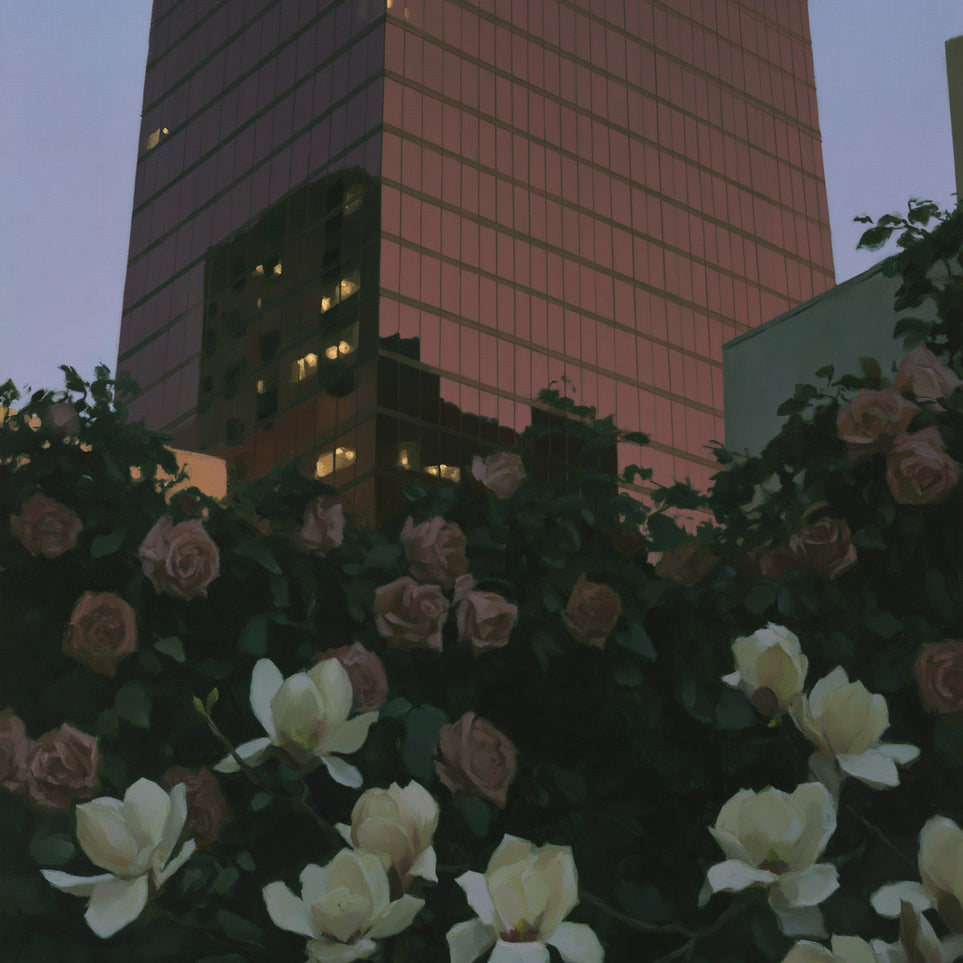 Pink tower above magnolias