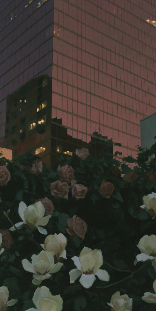 Pink tower above magnolias