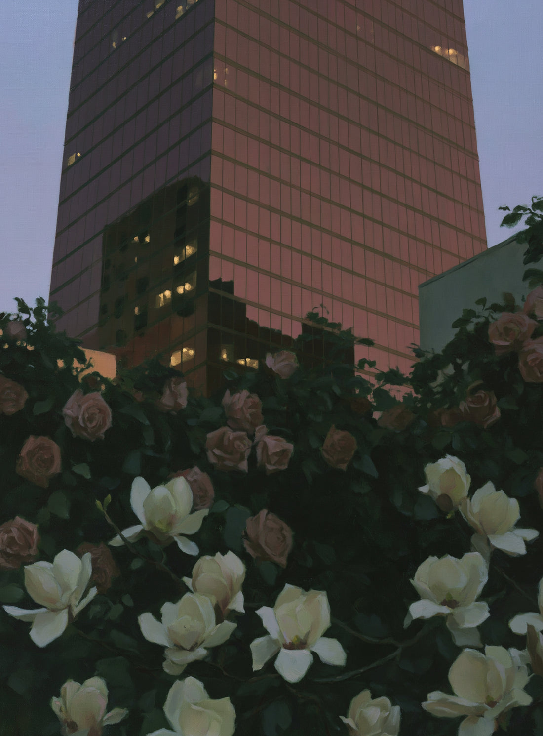 Pink tower above magnolias