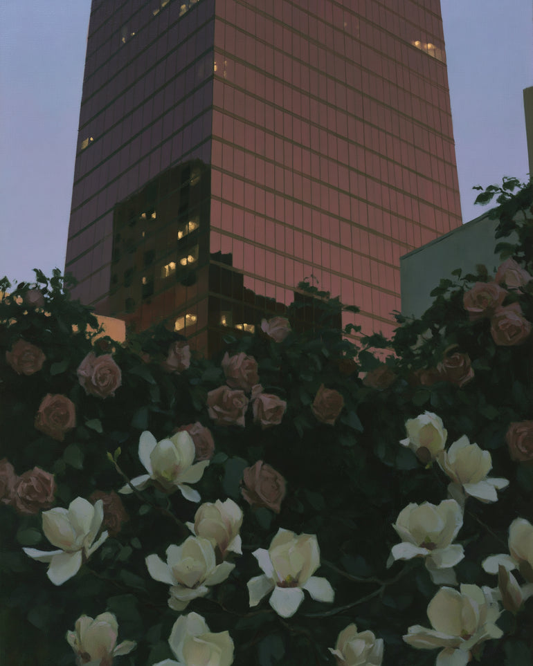 Pink tower above magnolias