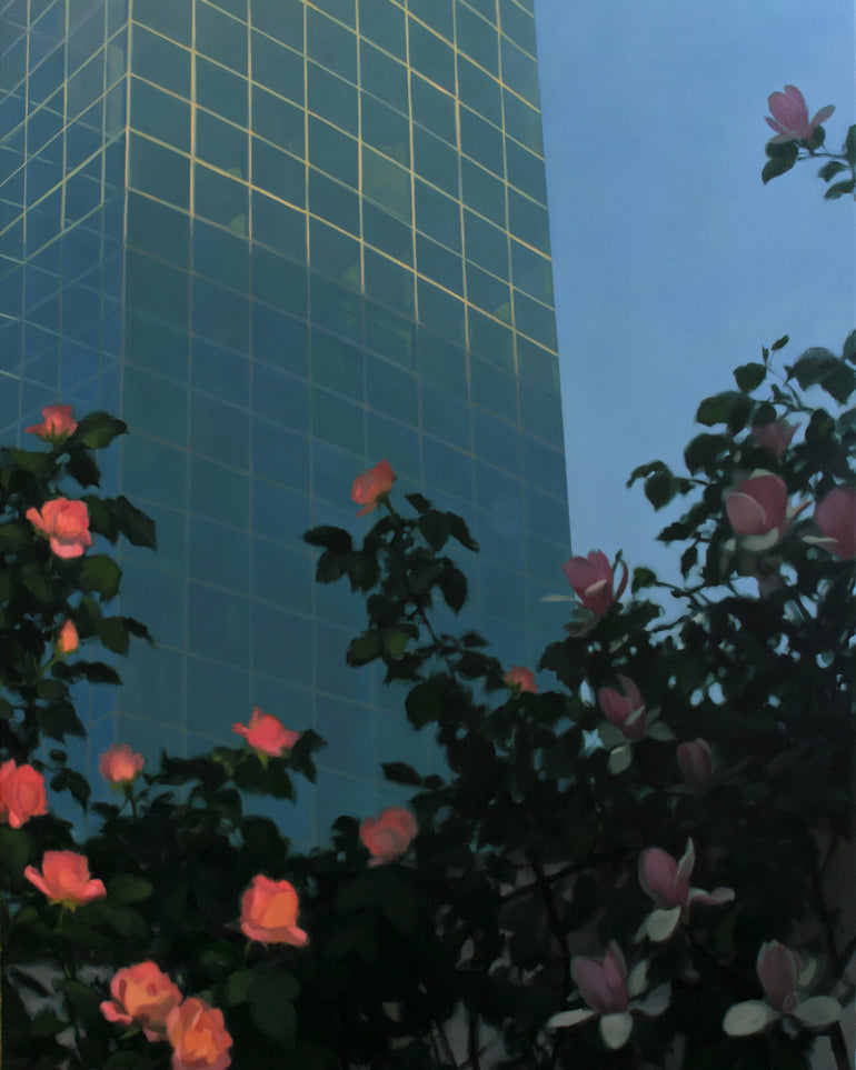 Roses beneath blue towers