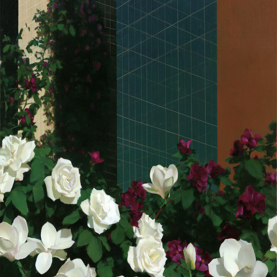 Roses against the blue grid