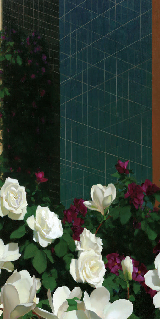 Roses against the blue grid