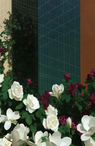 Roses against the blue grid