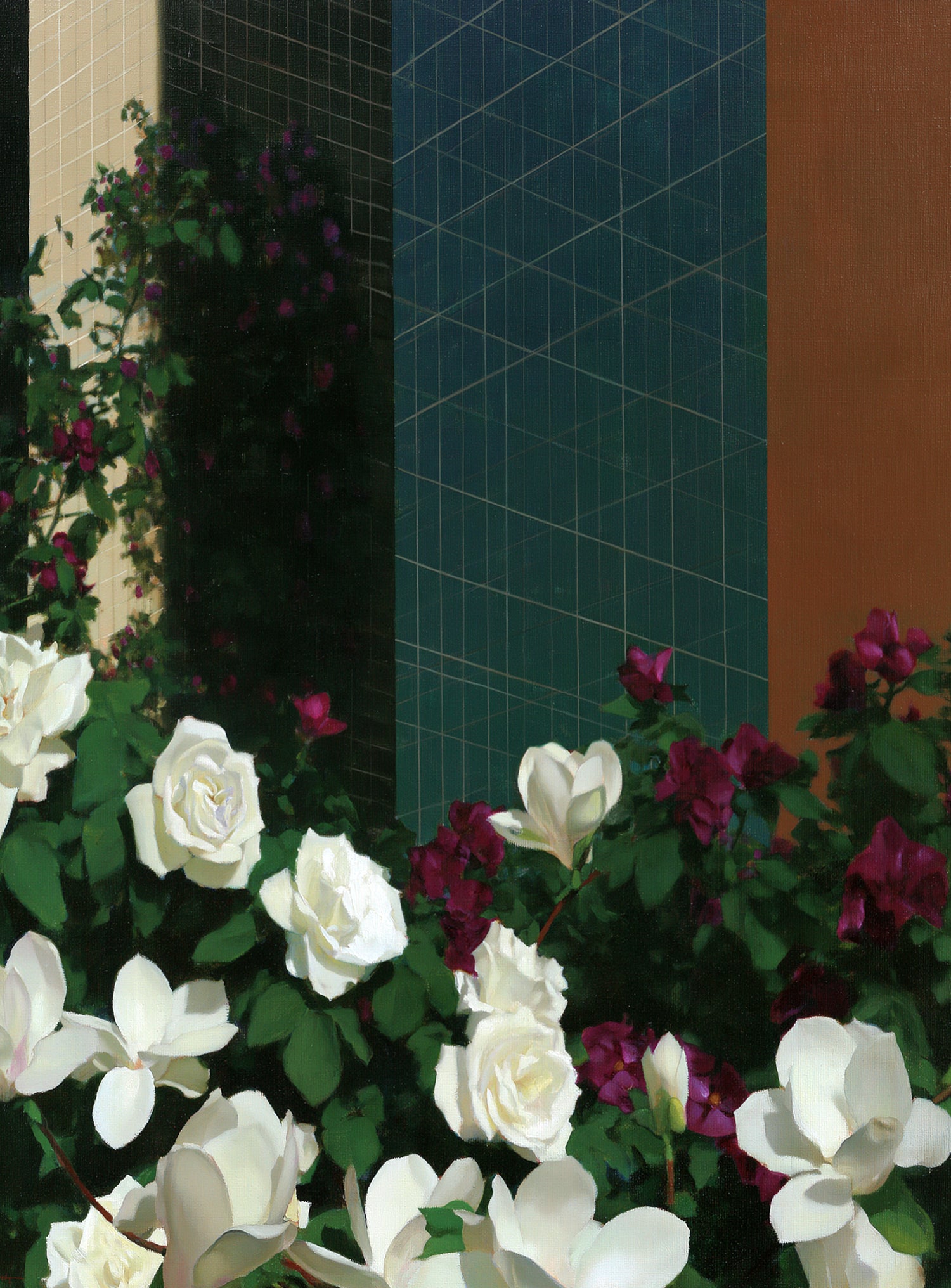 Roses against the blue grid